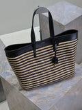 Striped Straw and Leather Shopping Tote Bag