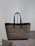 Striped Straw and Leather Shopping Tote Bag