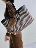 Striped Straw and Leather Shopping Tote Bag