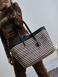 Striped Straw and Leather Shopping Tote Bag