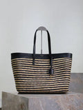 Striped Straw and Leather Shopping Tote Bag